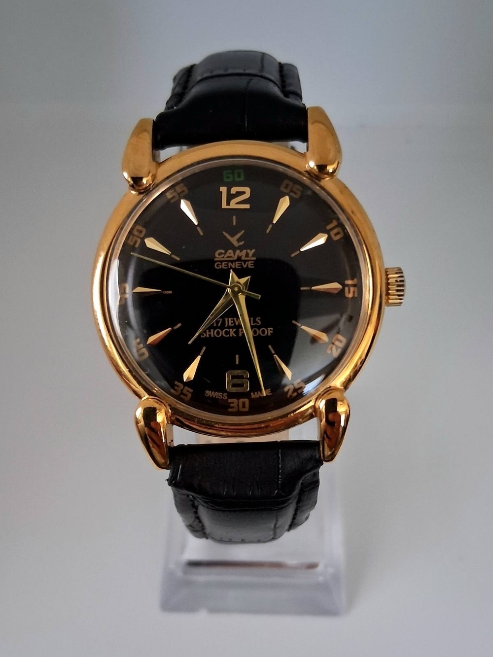 Vintage Camy Men's Leather Mechanical Black Watch RARE